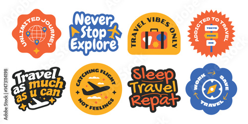 Travel sticker, patch, stamp, badge element collection. Set of vintage and cool travelling symbol.