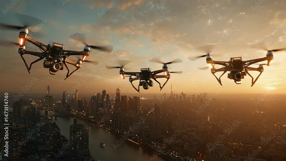 Three drones fly over a city at sunset.