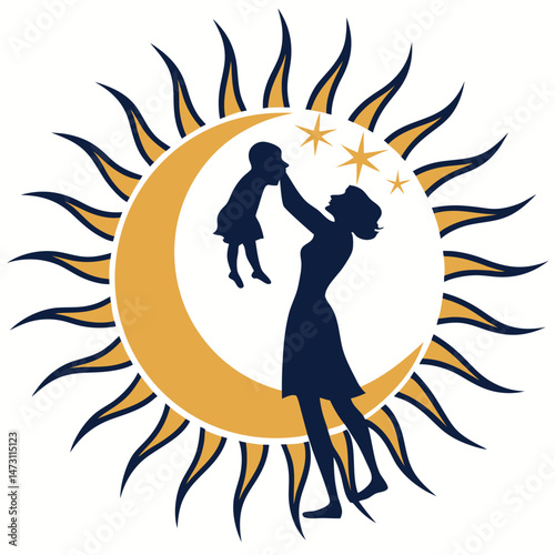Mother and Child Silhouette in Sun – Symbolic Vector of Love, Care & Nurturing
