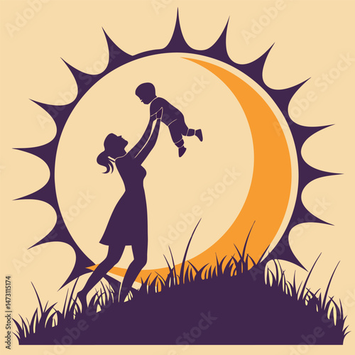 Mother and Child Silhouette in Sun – Symbolic Vector of Love, Care & Nurturing