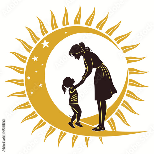 Mother and Child Silhouette in Sun – Symbolic Vector of Love, Care & Nurturing