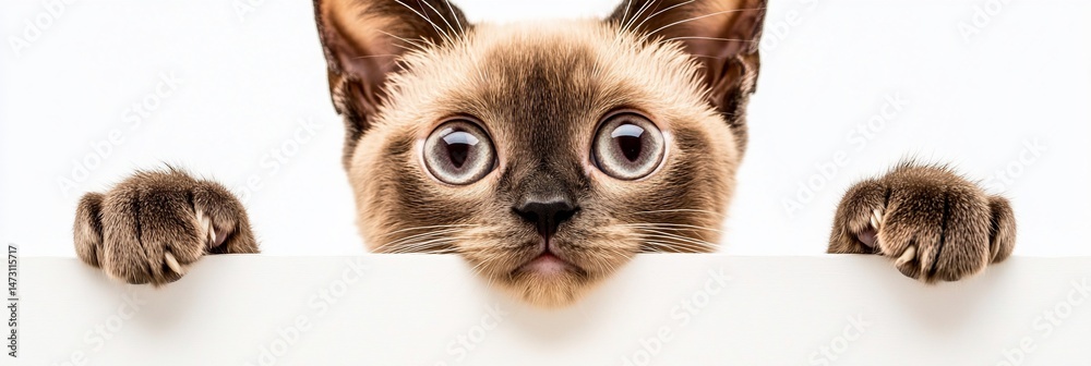 Fototapeta premium Cute kitten peeking over a white banner with wide eyes and paws visible.