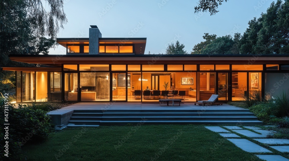 Fototapeta premium Modern architecture illuminated: stylish home exterior at dusk with ample glass