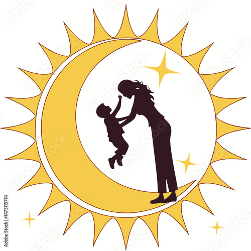 Mother and Child Silhouette in Sun – Symbolic Vector of Love, Care & Nurturing