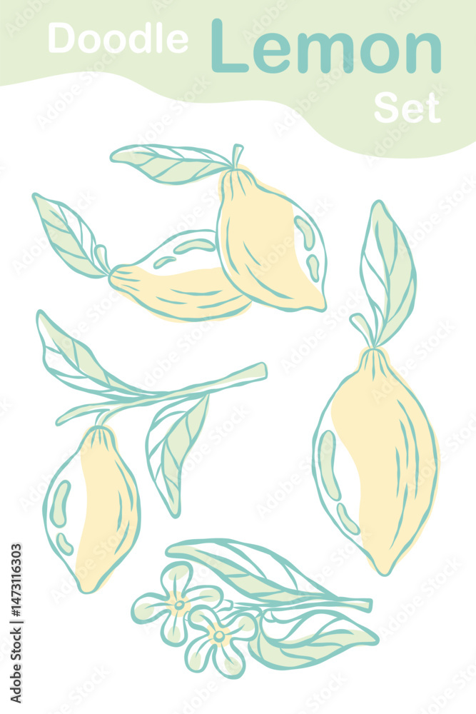 Fototapeta premium A whole lemon doodle collection in pastel color -green and yellow
