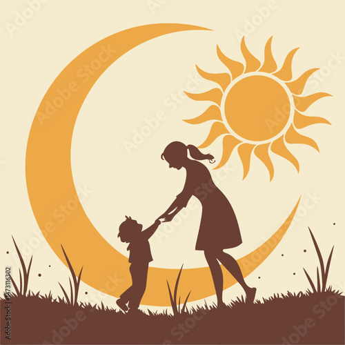 Mother and Child Silhouette in Sun – Symbolic Vector of Love, Care & Nurturing