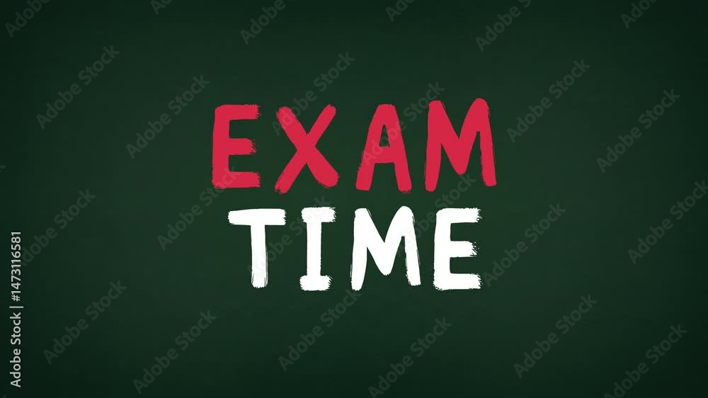2D stop-motion animation of the phrase “EXAM TIME” appearing in hand-drawn style on a dark blackboard background. Ideal for educational videos, school-related content, academic promos, and learning pl