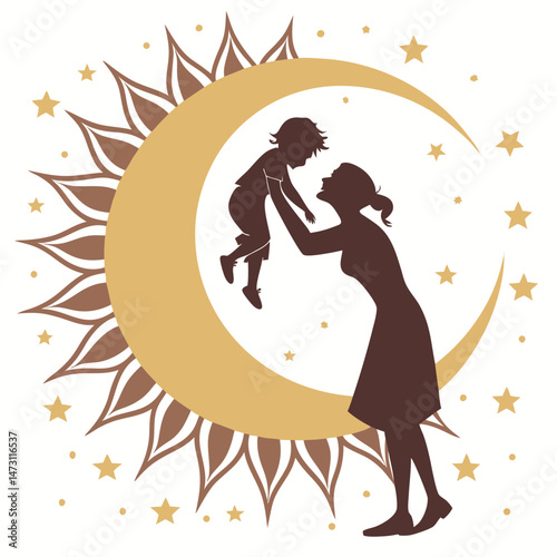 Mother and Child Silhouette in Sun – Symbolic Vector of Love, Care & Nurturing