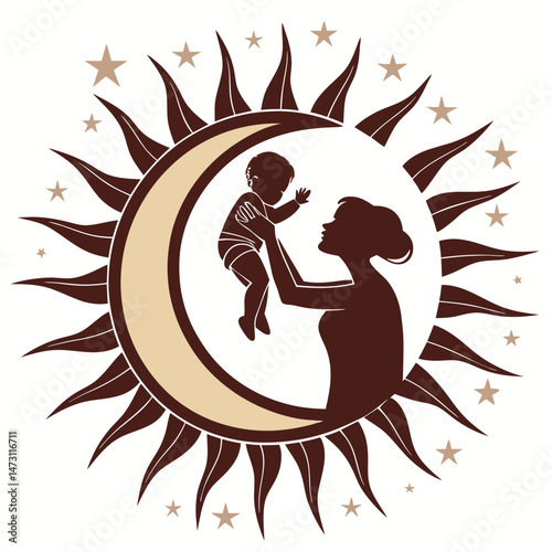 Mother and Child Silhouette in Sun – Symbolic Vector of Love, Care & Nurturing