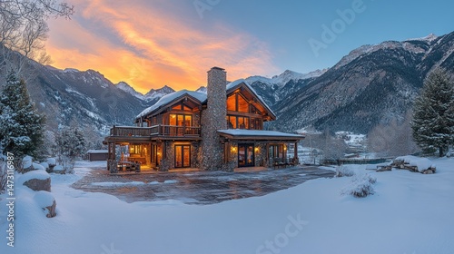 Rustic mountain home at winter sunset.