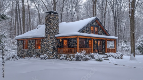 Snowy winter cabin nestled in a wooded landscape.