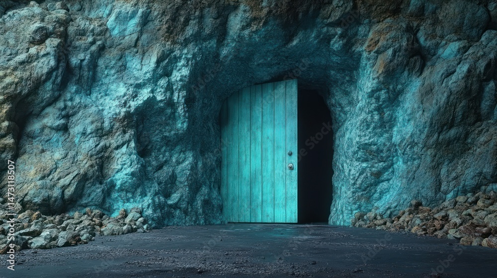 Fototapeta premium Mysterious teal cave entrance with a wooden door.