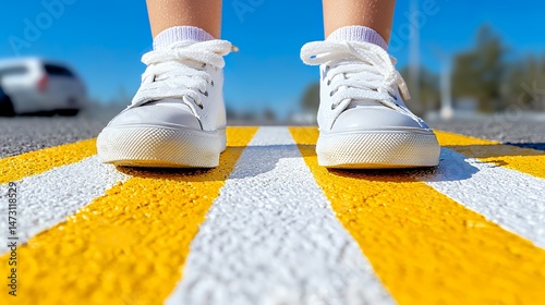 White sneakers on a yellow and white pedestrian crossing under a clear blue sky close up view of casual shoes on the road minimalist modern urban style and fresh lifestyle photography