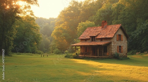 Rustic house nestled within a sunlit forest glade.