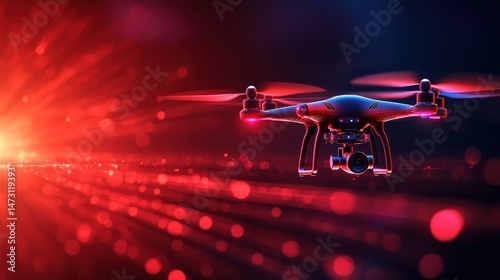 Futuristic drone in motion against vibrant red and blue light.