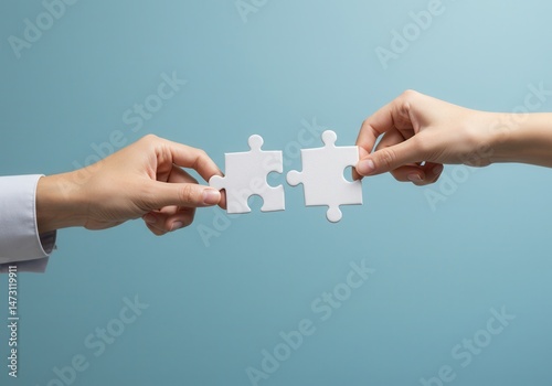 Hands connecting two white puzzle pieces on a blue background