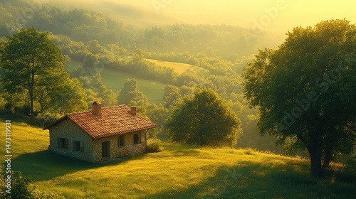A tranquil rustic home nestled in a sunlit valley.