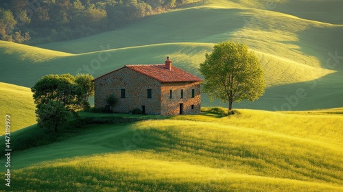 Rustic farmhouse nestled in rolling hills, golden fields.