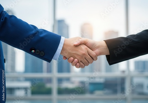 Business handshake between two people in front of a cityscape background