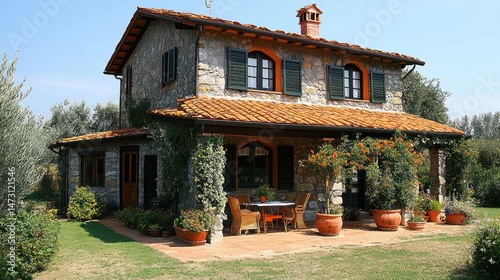 Stone cottage with terracotta roof and garden patio.