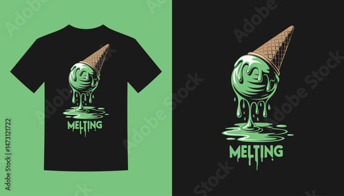 Green ice cream cone melting on a black tshirt.