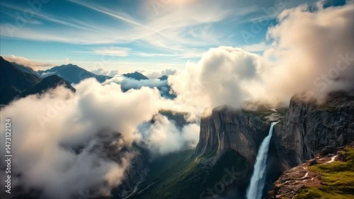 Sweeping Aerial Shot of Waterfall in Majestic Mountain Valley