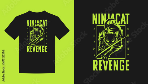 Black tshirt with a green graphic of a ninja cat with the text ninja cat revenge.
