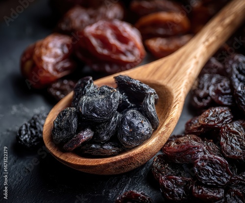 Dried Fruits on Wooden Spoon with Dark Background, Including Raisins and Prunes, Ideal for Healthy Snacks, Cooking, and Baking Inspiration