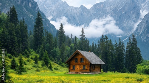 Wooden chalet nestled amidst alpine scenery.