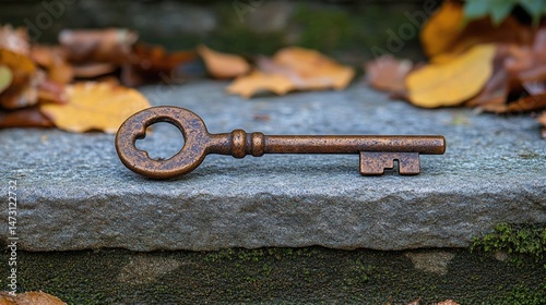 Antique key resting on a stone step.