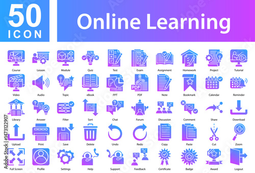 Online Learning Icon Collection Sheet. Course,Lesson,Module,Quiz,Test,Exam,Assignment,Homework,Project,Tutorial,Video,Audio, Icon Symple Glyph gradient, Vector