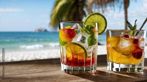 Colorful cocktails sit on a wooden table, overlooking a beautiful beach with palm trees