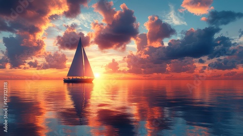 Serene sailboat at sunset, vibrant sky reflection on water.