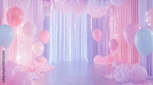 Pastel-toned celebration space with balloons, drapes, and soft lighting.  A dreamy, whimsical atmosphere