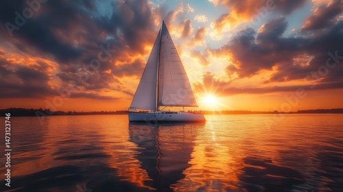 A sailboat glides on tranquil water at sunset.