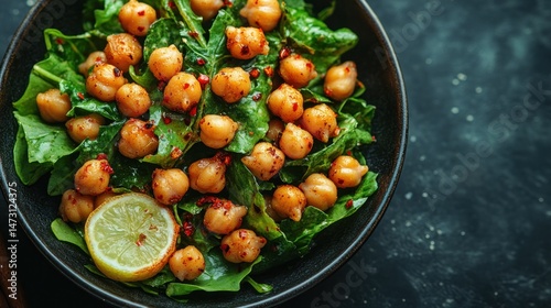 Healthy chickpea and greens salad dish.