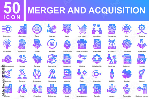 Merger And Acquisition Icon Collection Sheet. Integration,Company,Target,Takeover,Deal,Purchase,Negotiation,Transaction,Risk,Strategy,Implement,Evaluation, Icon Symple Glyph Gradient Vector