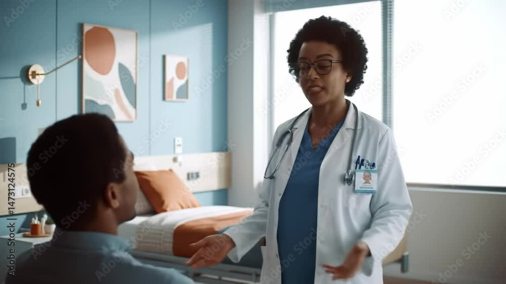 Health professional discusses treatment options with patient in modern clinic Health professional discusses treatment options with patient in modern clinic