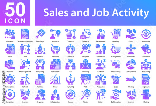 Sales and Job Activity icon collection. Symple Concept Glyph Gradient icon sheet.	