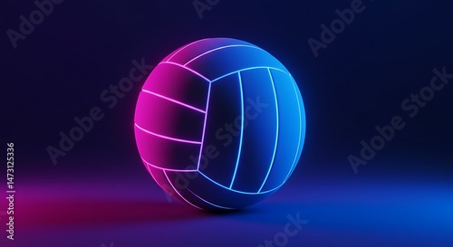 Neon lit volleyball on a dark surface. Illustration in 3D.