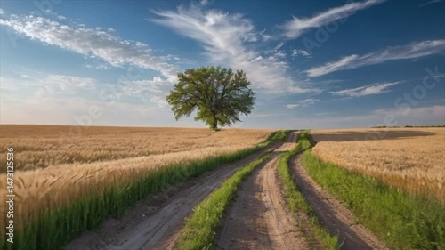 Golden wheat field with a dirt road leading to a lonely tree under a beautiful cloudy sky