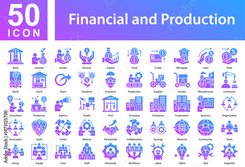 icon collection Financial and Production simple Glyph Gradient Icon Sheet