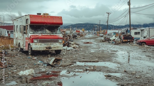 Abandoned RV amidst a littered urban wasteland.