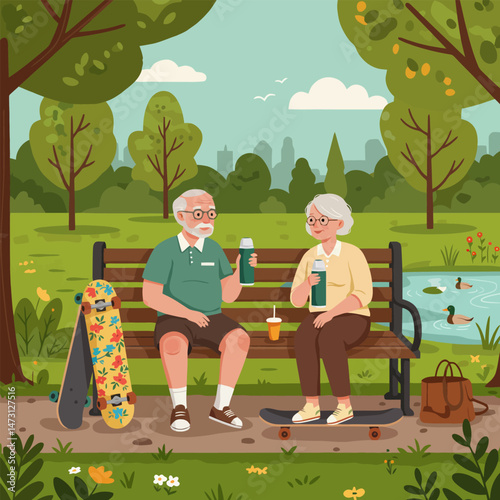 Senior Couple Relaxing in Park with Skateboard and Drink