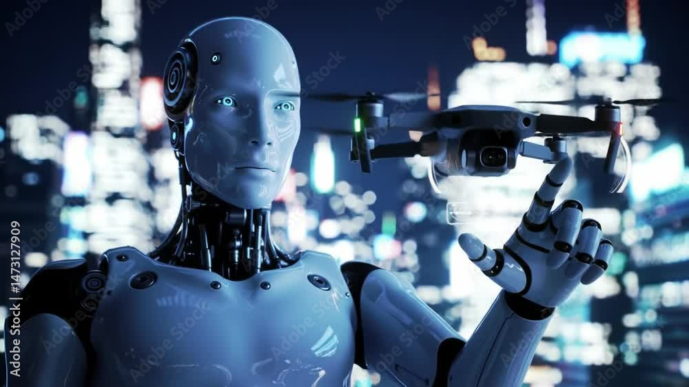 Robotic figure interacts with drone in a futuristic cityscape at night