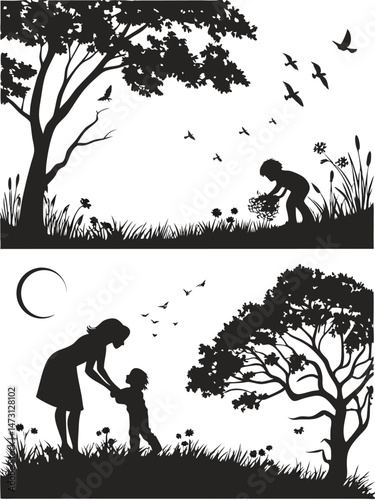 Moonlit Moments: A Mother's Love in Nature's Embrace editable vector 