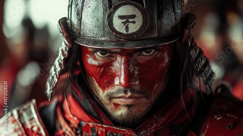 Close-up portrait of a warrior in combat armor.