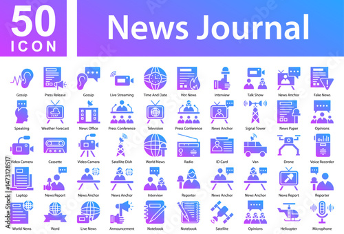 News Journal Icon Collection Set. Gossip,Press Release,Gossip,Live Streaming,Time And Date,Hot News,Interview ,Talk Show,News Anchor,Fake News,Speaking,Weather Forecast, Icon Symple Glyph gradient