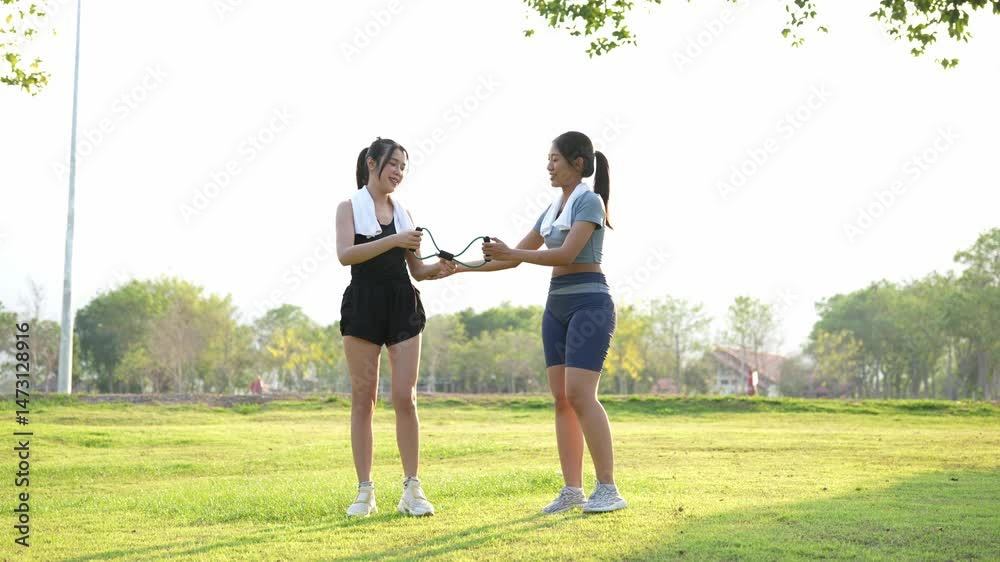 Two Asian women having fun exercising, jogging, stretching or working out together in a park in the evening. Two Asian women having fun exercising, jogging, stretching or working out together in a park in the evening.