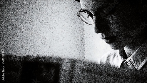 Grey halftone dots fading into grain overlay with old newspaper-style texture.